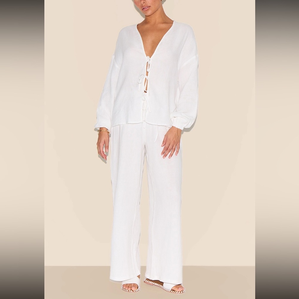 White Cheesecloth Textured Long Sleeve Pant Set